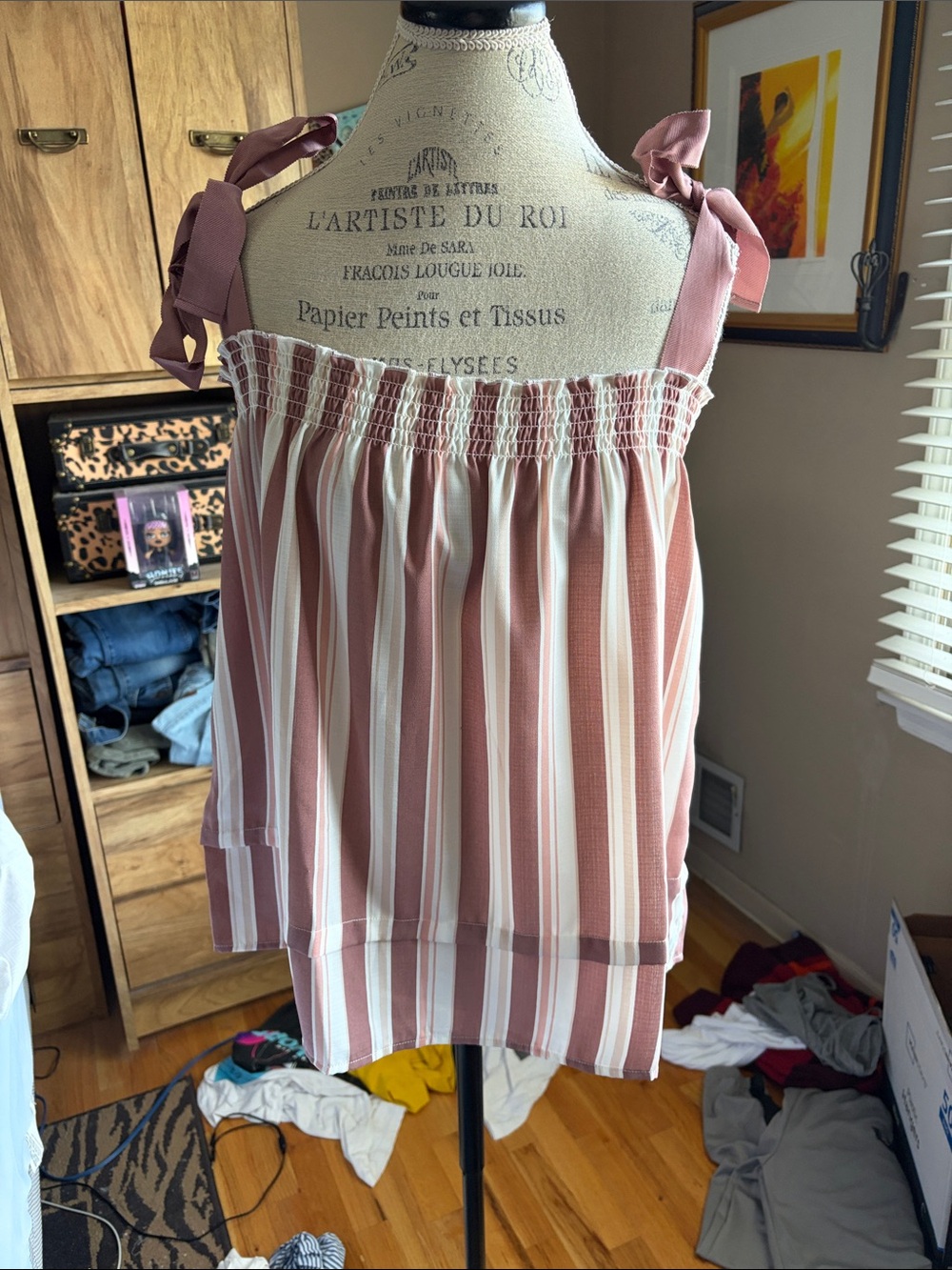 Bobeau Striped Smocked Tie-Shoulder Tank Top - Dusty Rose & White - XL